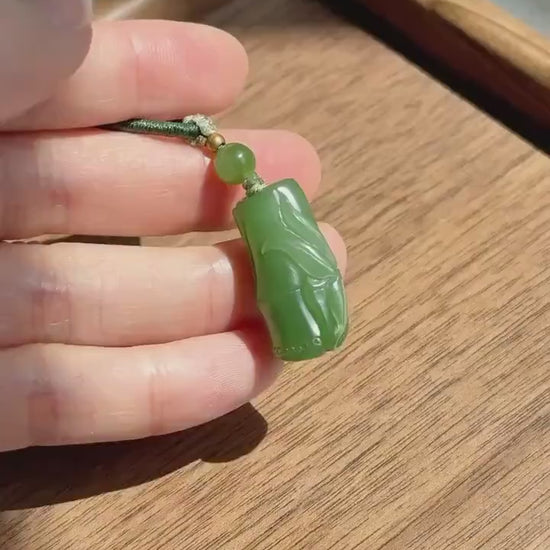Jade Bamboo Pendant Necklace | Natural and Certified Green Nephrite Jade  | Lucky Prosperity Amulet | Adjustable Cord Necklace