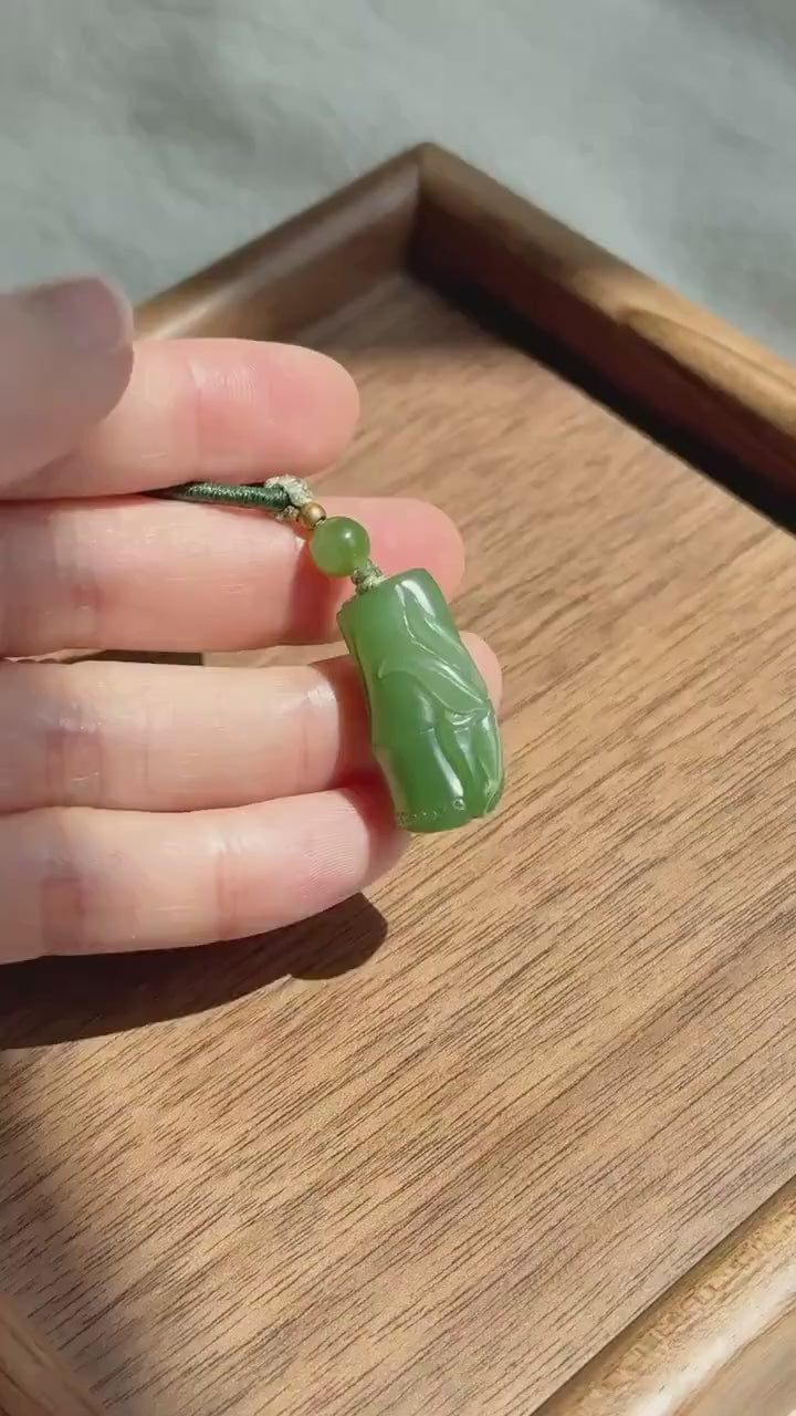 Jade Bamboo Pendant Necklace | Natural and Certified Green Nephrite Jade  | Lucky Prosperity Amulet | Adjustable Cord Necklace