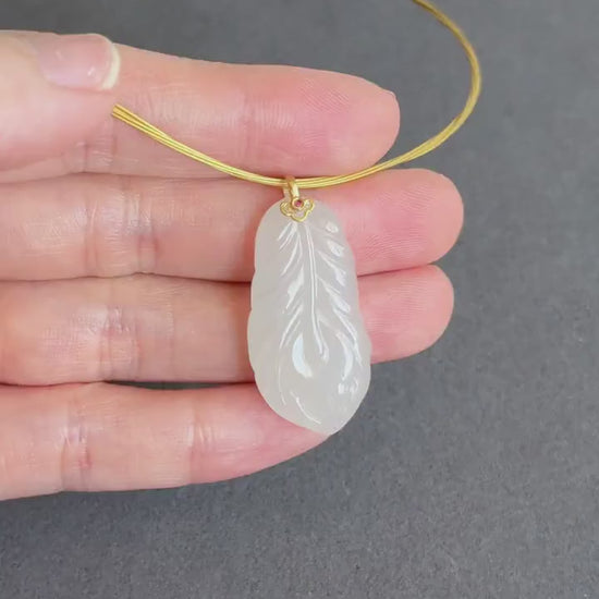 18K White Nephrite Jade Feather Pendant Necklace | Certified Jade Stone