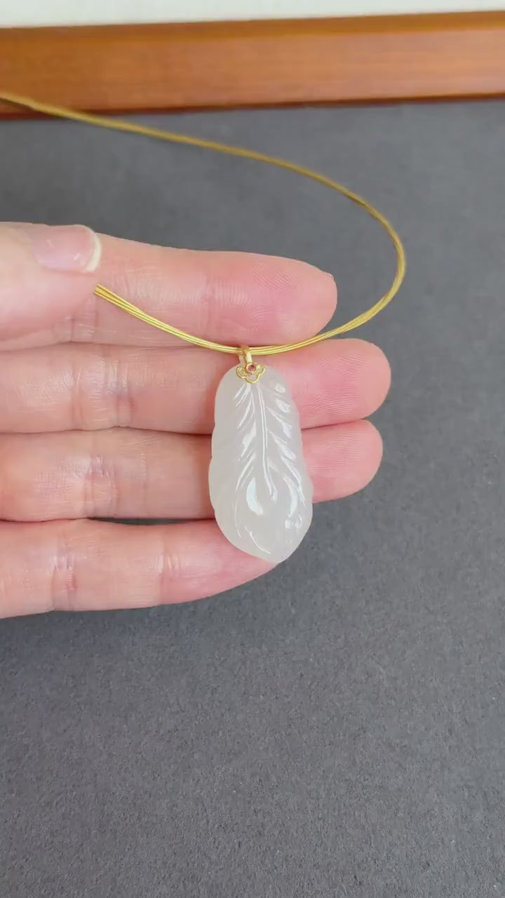 18K White Nephrite Jade Feather Pendant Necklace | Certified Jade Stone