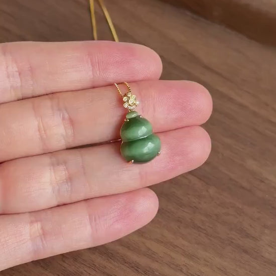 18K Gold Jade Gourd Pendant Necklace | Natural Green Nephrite Jade with Cat's Eye | Lucky Charm Jewelry Gift for Her