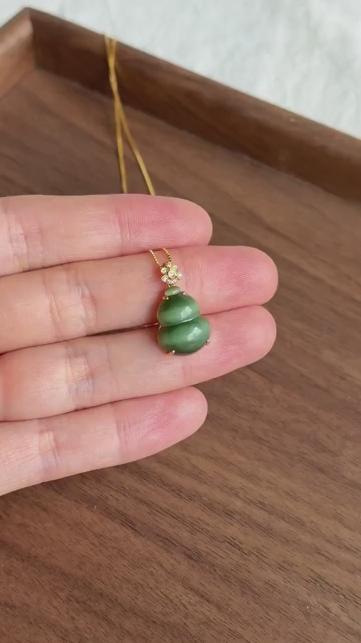 18K Gold Jade Gourd Pendant Necklace | Natural Green Nephrite Jade with Cat's Eye | Lucky Charm Jewelry Gift for Her