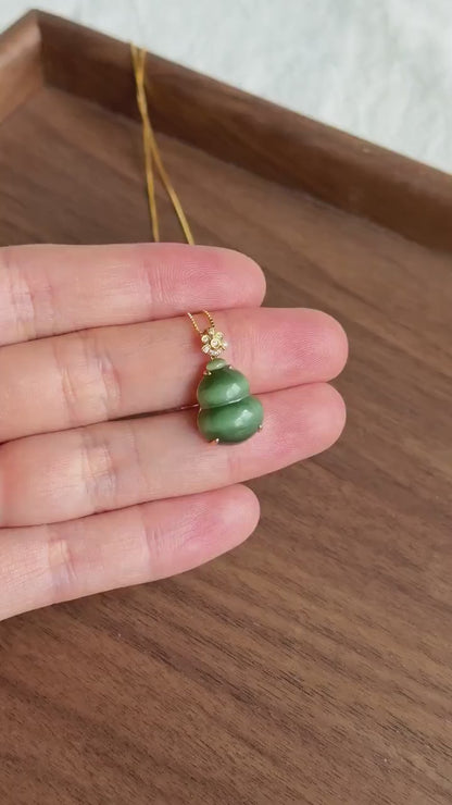 18K Gold Jade Gourd Pendant Necklace | Natural Green Nephrite Jade with Cat's Eye | Lucky Charm Jewelry Gift for Her